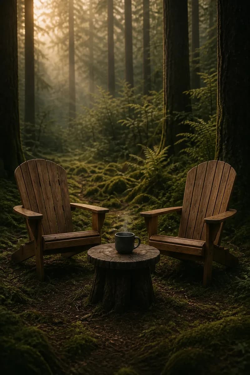 Two cedar chairs waiting in a quiet forest clearing.