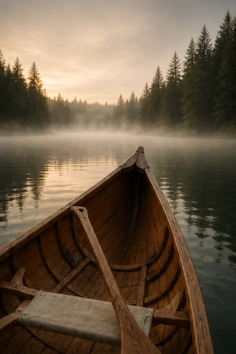 A handcrafted cedar canoe resting on a quiet mist-covered lake