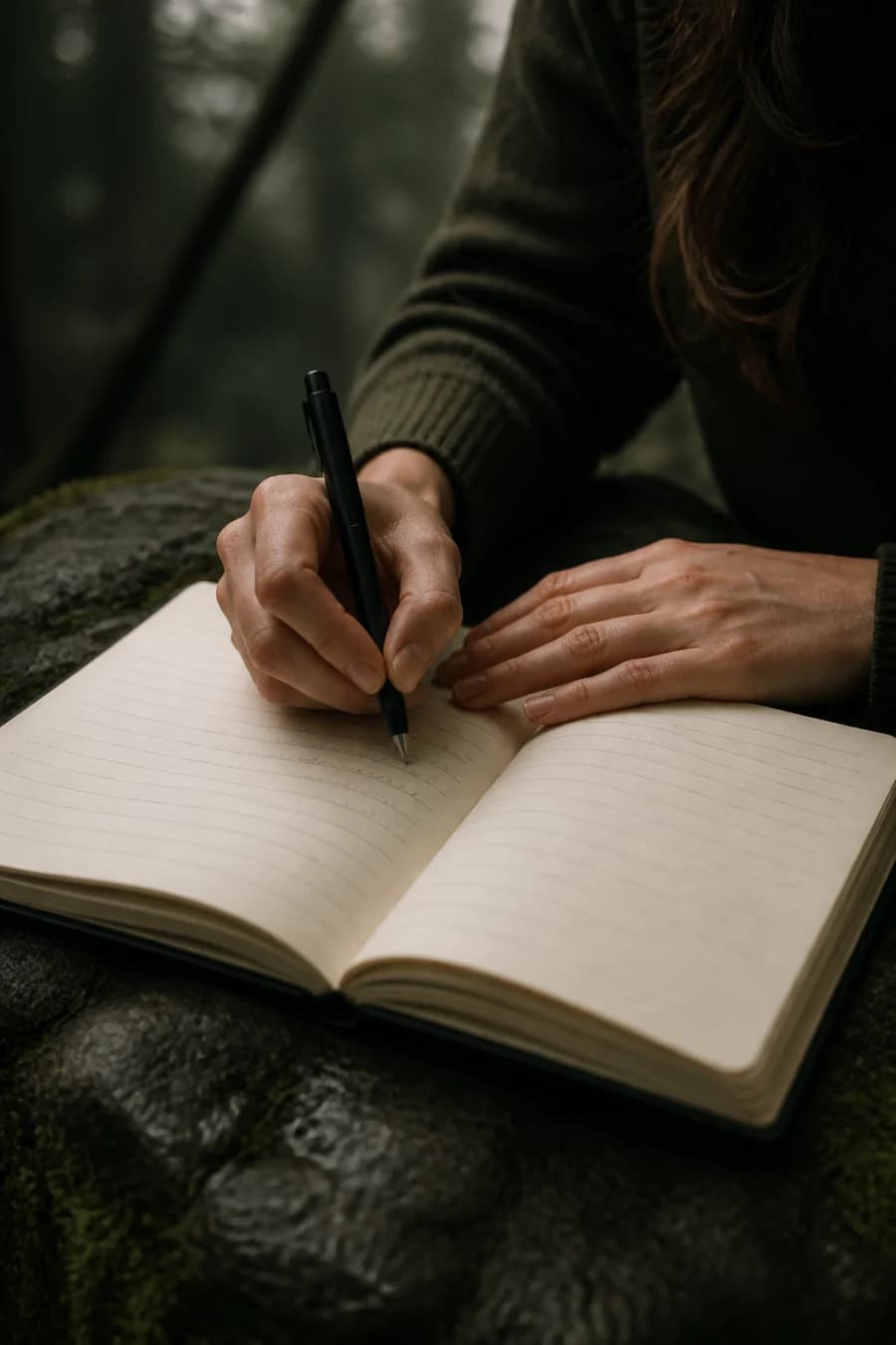 Hands writing thoughtfully in an open notebook at the forest edge