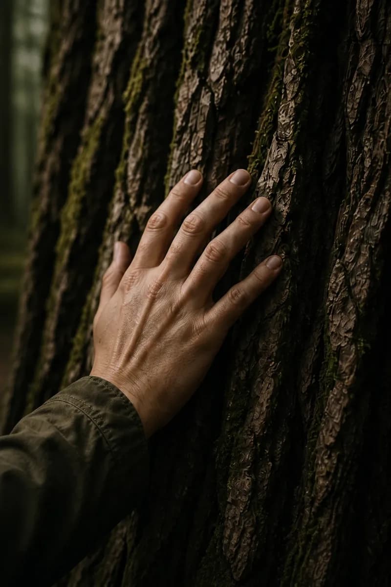 A hand resting gently against the deeply textured bark of an old cedar