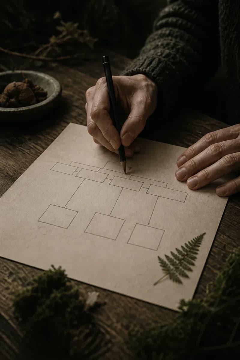 Hands sketching a website and story plan on warm paper at a cedar table