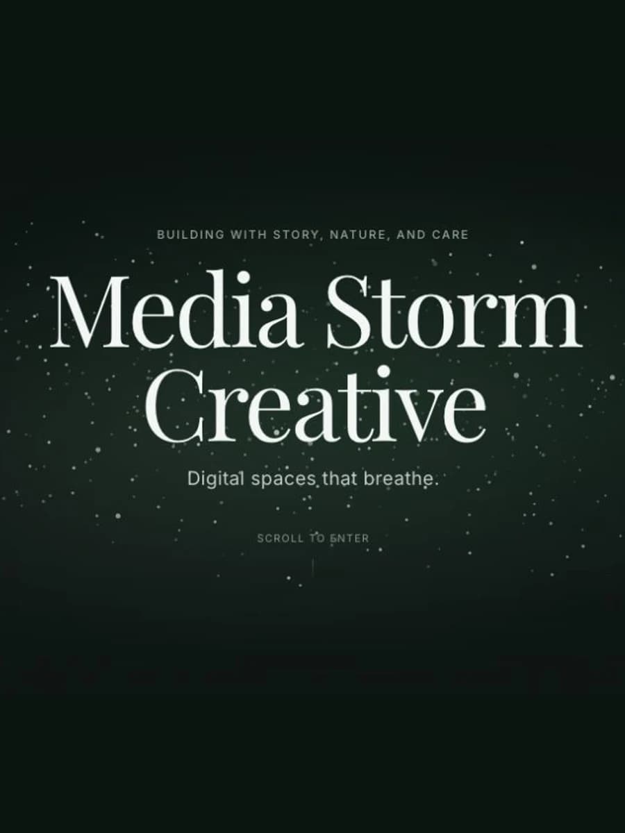 Media Storm Creative’s opening title surrounded by a luminous field of particles on deep forest green
