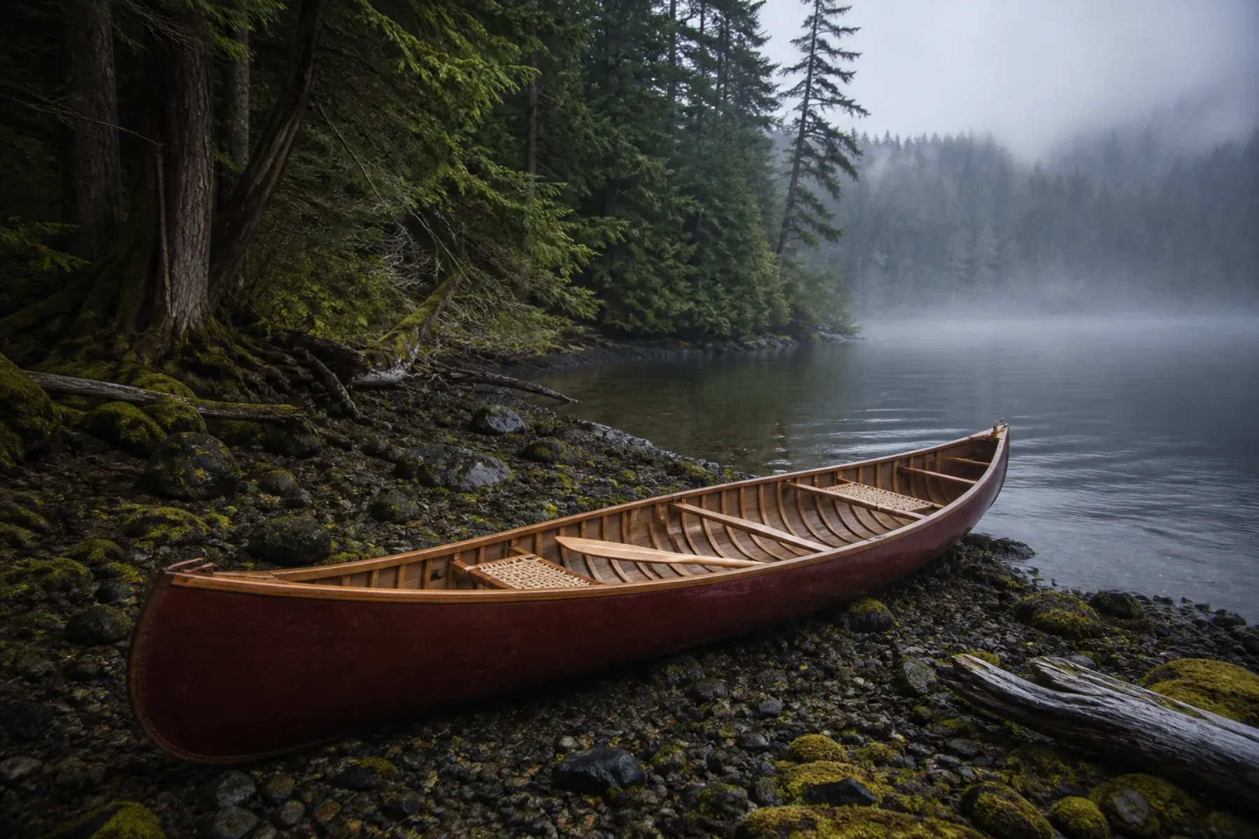 A full-size cedar-and-canvas canoe resting on a rain-dark lakeshore beneath old-growth forest.