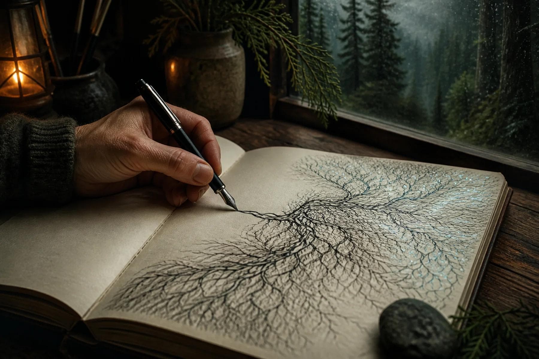 A hand guiding an ink drawing as it branches like roots and rivers across a sketchbook.