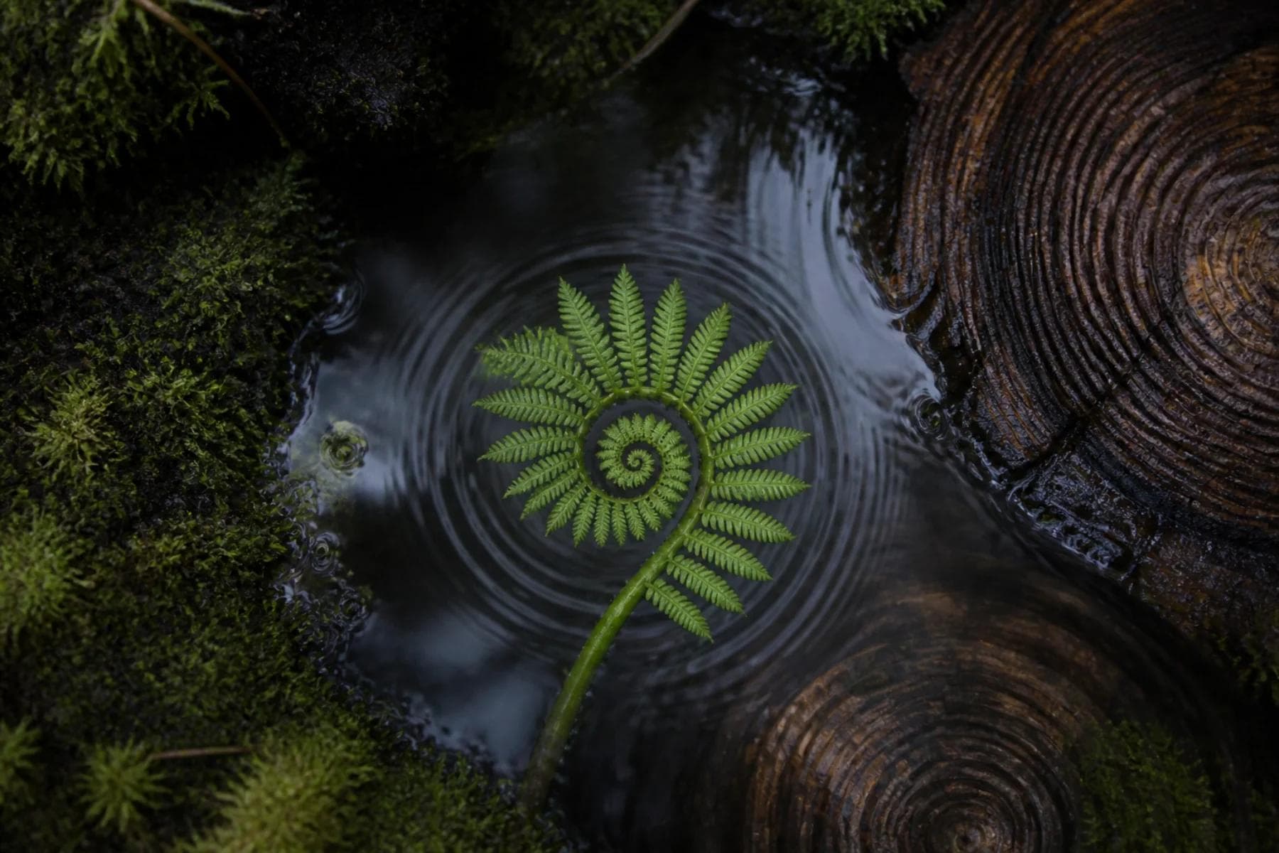 A spiral fern framed by water ripples, moss, and the rings of fallen cedar.