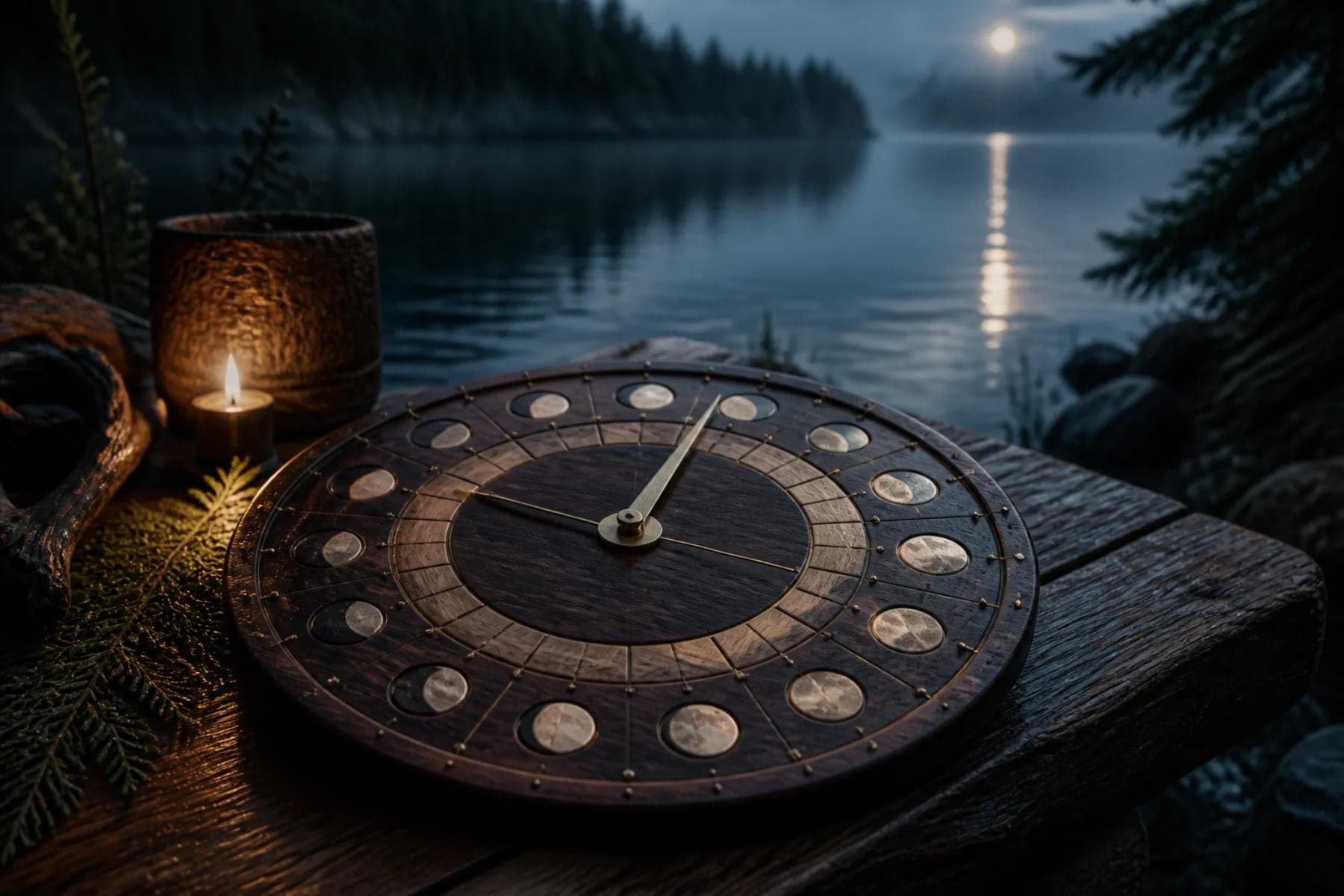 A handcrafted lunar instrument on a cedar table beside a moonlit lake.