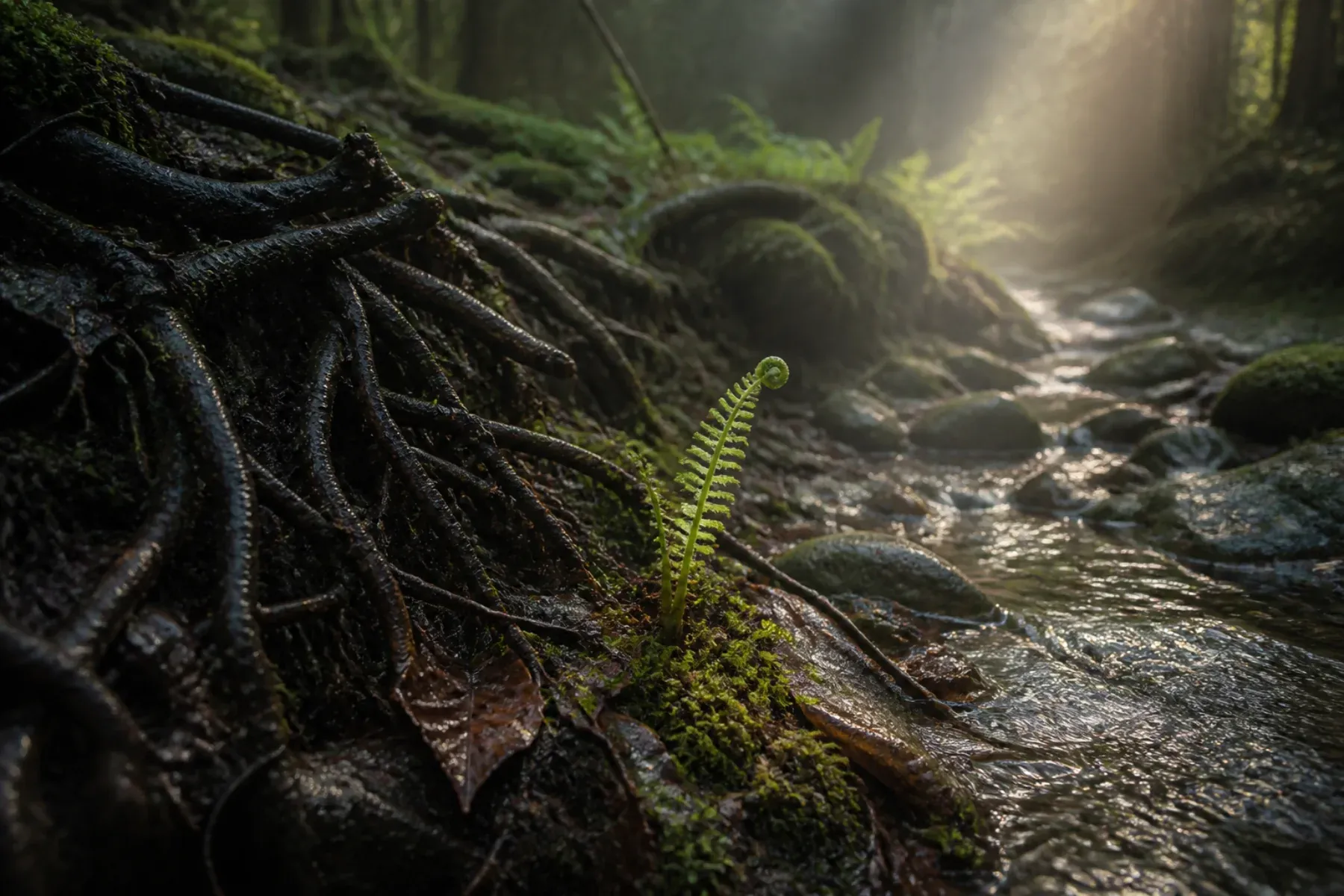 A new fern unfurling where tangled forest roots give way to a clear stream.